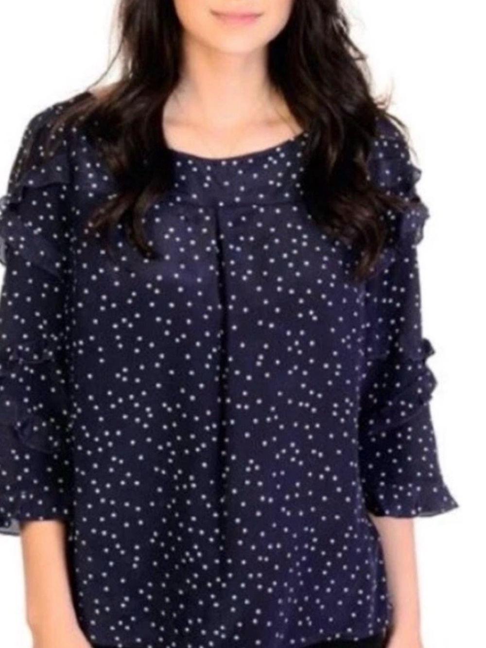 Maeve Anthropologie Navy Blue White Polka Dot Ruffle Sleeve Blouse (Like New)